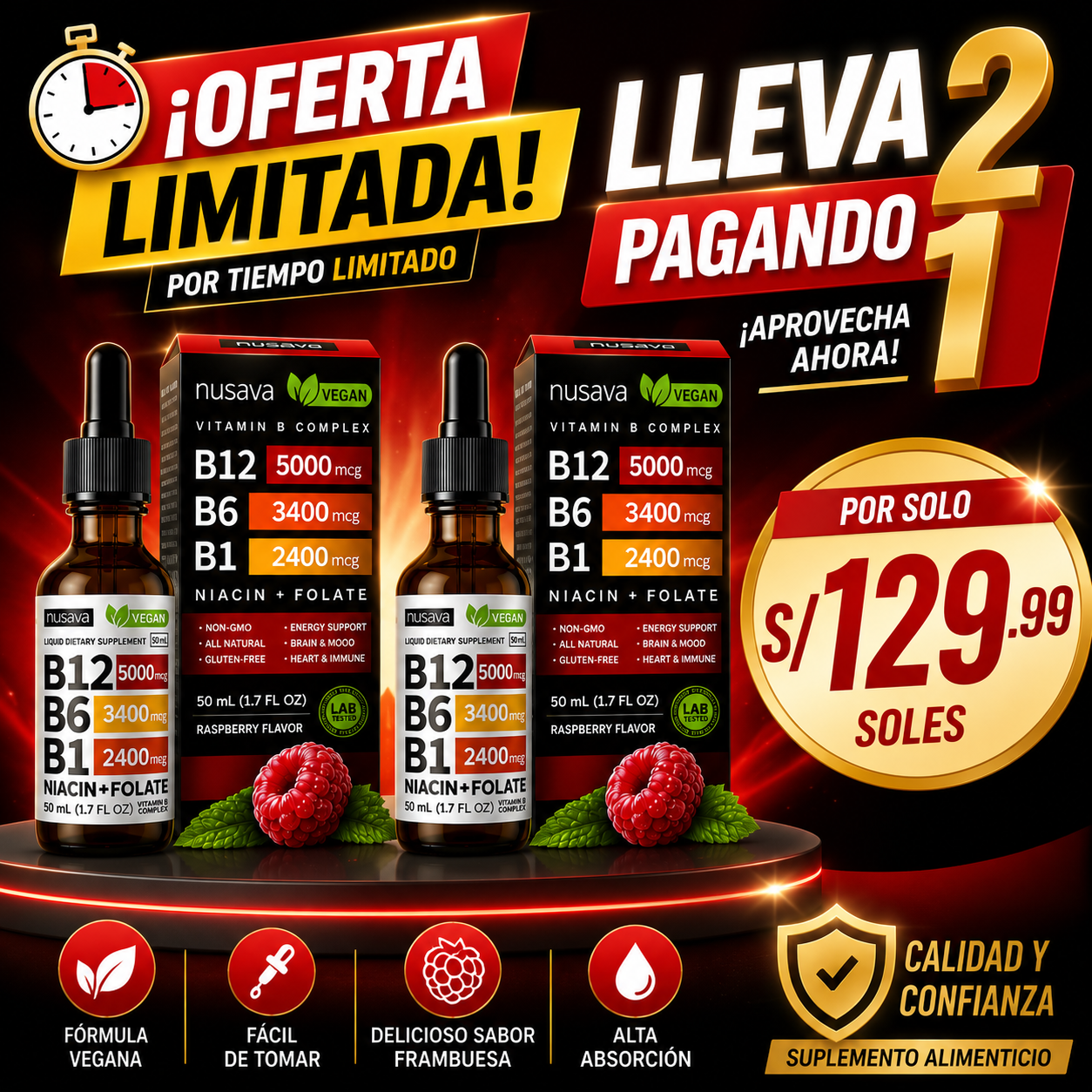 🔥 ¡LLEVA 2 Y PAGA 1! 🔥 Nusava Complejo B Líquido 5 en 1 🍓 | B12 + B6 + B1 + Niacina + Folato | Fórmula Vegana