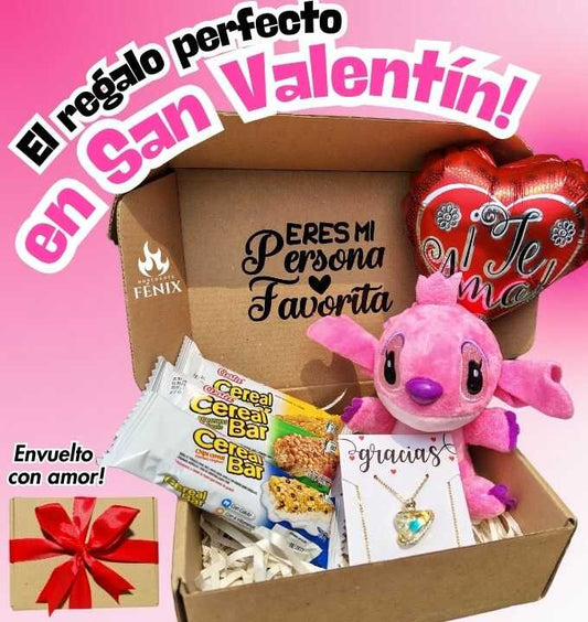 💗Collar corazón brillante + 1 llavero peluche Angel+3 Barras de cereales+1 globo que inspira amor+1 caja con lazo🎀