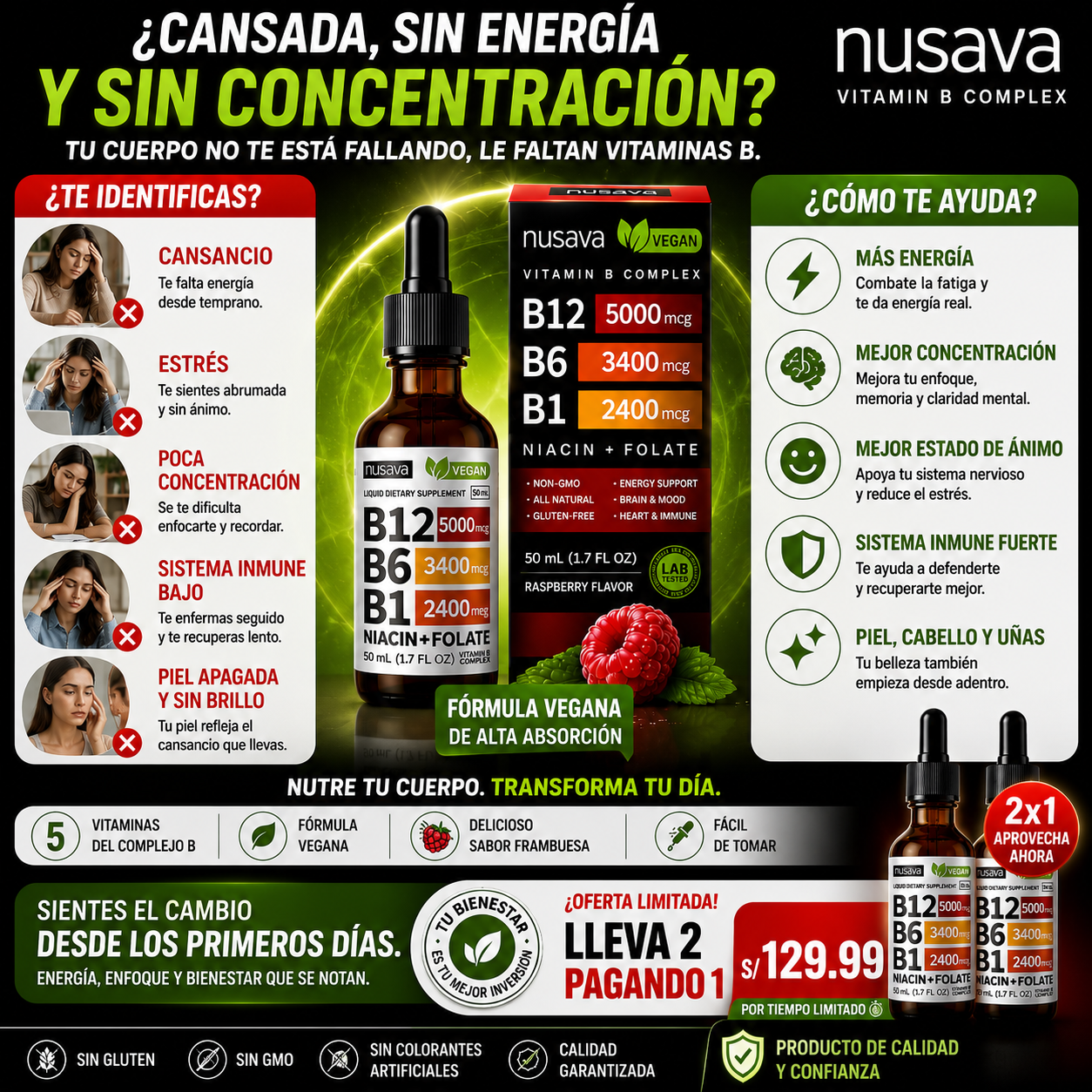🔥 ¡LLEVA 2 Y PAGA 1! 🔥 Nusava Complejo B Líquido 5 en 1 🍓 | B12 + B6 + B1 + Niacina + Folato | Fórmula Vegana