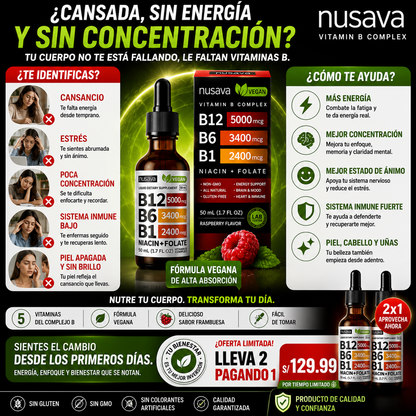 🔥 ¡LLEVA 2 Y PAGA 1! 🔥 Nusava Complejo B Líquido 5 en 1 🍓 | B12 + B6 + B1 + Niacina + Folato | Fórmula Vegana