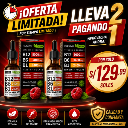 🔥 ¡LLEVA 2 Y PAGA 1! 🔥 Nusava Complejo B Líquido 5 en 1 🍓 | B12 + B6 + B1 + Niacina + Folato | Fórmula Vegana